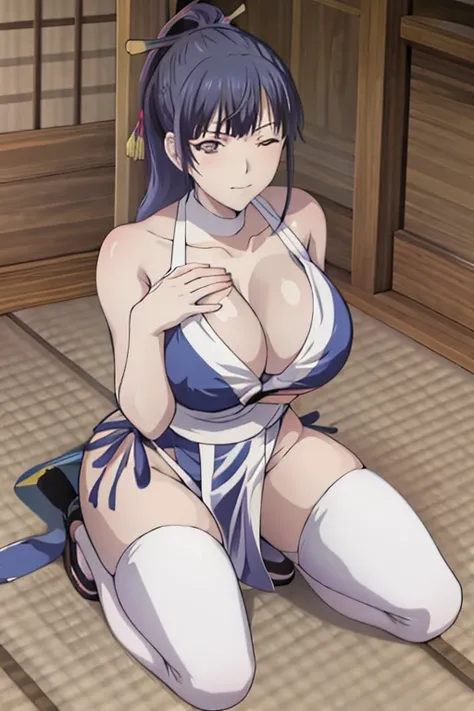 masterpiece, best quality, beautiful art, high resolution, well formed hands, body and fingers, 1 woman, solo, Ami  Tsuruga, hair ornament,  adult, grown up, big breasted, cleavage,  full body, braided long hair, blue_japanese_clothes, wearing DOA Kasumis ...