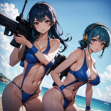 インペリアルガード戦闘服Swimwear, o-ring bikini, V Gundam, Swimwear, Absurd, High resolution, alone, Cowboy Shot, One girl, Nomad Nibble (Cosplay), Wristband, headphone, Possession of a gun, aim, Perfect hands, Wind, (High resolution,Highest_quality,masterpiece), Larg...