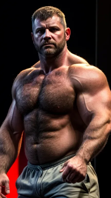 An award-winning original photo, A musclebear man, (40 years old daddy:1.1), 1 man, Solo, (wearing shorts), (big shoulders), musculature, strong physique, hairy, chubby and fluffy, stubbles, Short beard, (Detailed body), realistic eyes, deadpan, blood stai...