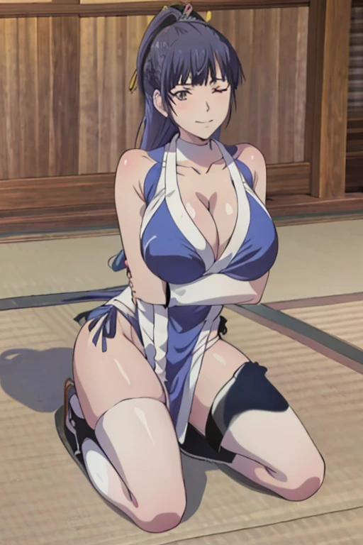 masterpiece, best quality, beautiful art, high resolution, well formed hands, body and fingers, 1 woman, solo, Ami  Tsuruga, hair ornament,  adult, grown up, big breasted, cleavage,  full body, braided long hair, blue_japanese_clothes, wearing DOA Kasumis ...