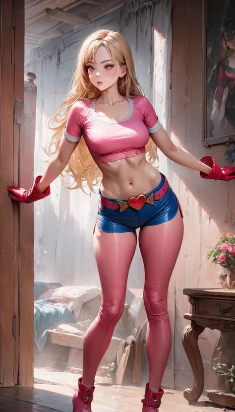  young woman, Super Heroine, Tall posture, (hair (blonde, straight, Chest)), (Pink tight shirt (Crop top, Scoop neck, Short sleeve)), Navel exposed, Blue leather shorts, Pink little boots, A large orange belt with a red heart-shaped buckle, little pink glo...