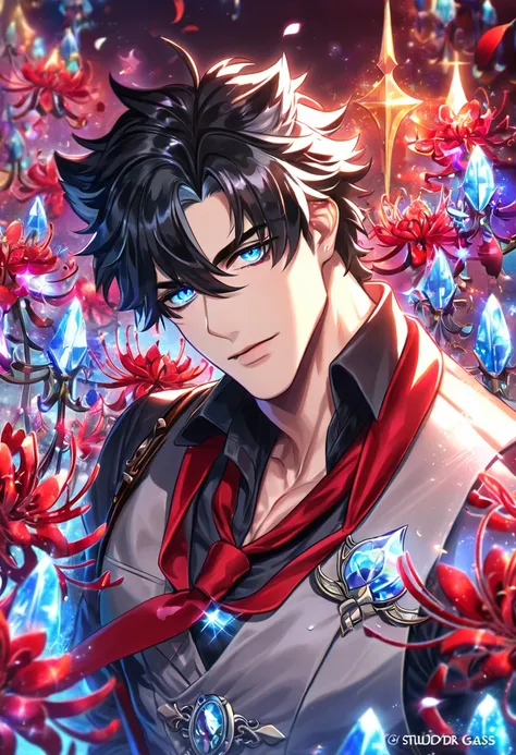 absurdres, highres, ultra detailed, HDR) master piece, best quality, Wriothesley, black hair, expressive gray-blue eyes, Genshin Impact, solo, sexy man, handsome, sensual, black shirt, gray vest, loosely red necktie, accessories, magical, fantasy, red butt...