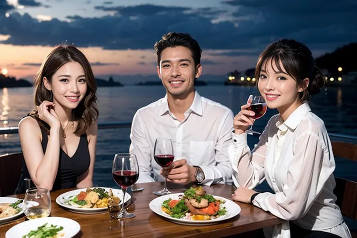 （Realistic:1.1）,(masterpiece,Highest quality)，8k,(56 years old), 53 years old, ベリーslimボディ、slimカップル、Tight waist,Upper Body,full-course dinner、wine 、Amazing view of the sunset sky and clouds、Perfect Anatomy, Brown Hair, short hair,Random Hairstyles,((Highly ...