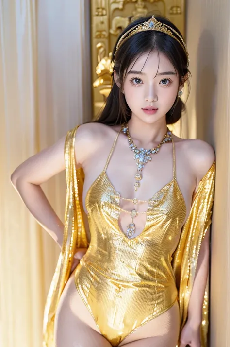 Japanese cute girl dressed as Kannon Bodhisattva, Buddha Statue, (wearing a golden leotard), (wearing white fishnet stockings), wearing a small treasure crown on her head, Golden Transparent Fluttering Robes, walls with golden patterns, very young girl, tw...