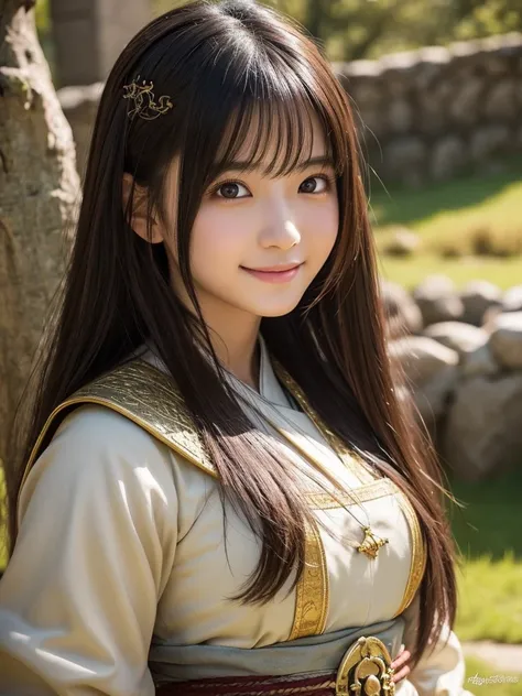 a 20 years old japanese girl,detailed cutie face, beautiful detailed eyes, detailed dropped eyes, left and right eyes are equal,beautiful charming big smile, extremely detailed face,slender body,dragonquest sage,fantasy,medieval,magic,medieval fantasy,fant...