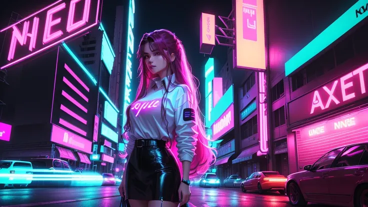 A woman with long hair and a shirt stands in front of a neon street, [ 4 k Synthwave art style ]!!, Synthwave art style ]!!, [ Synthwave art style ]!! ]!!, [ Synthwave art style ]!!, 4K Detailed Digital Art, Synthwave art style, (Synthwave)