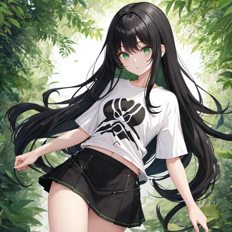 Black hair, green eyes、long hair、T-Shirts、Ultra mini skirt、whole body