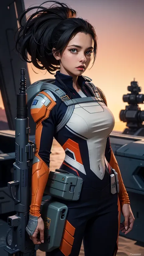 a woman holding a weapon in front of a spaceship, hyperrealistic fantasy art, eternal fatality, female assault soldier, sky plan...