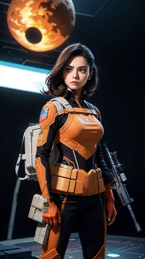 a woman holding a weapon in front of a spaceship, hyperrealistic fantasy art, eternal fatality, female assault soldier, sky planet background, inspired by Jan Victors,  with shotgun in foreground, oriana, grey orange, Dune (2021) --16:9 ratio, 5.1 sound