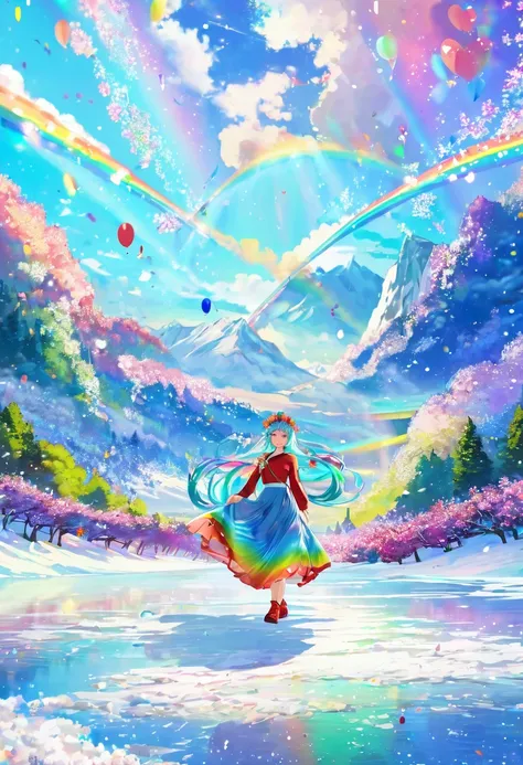 Rainbow haired anime girl wearing a rainbow shirt and flower crown, Snow Scene，Beautiful anime portraits,masterpiece， One Girl， Cloud Girl， cloud， colorful， Transparent body，Sparkling，Lesbians all over，Long skirt，Iridescent tops，虹色のLong skirt，Transparent c...