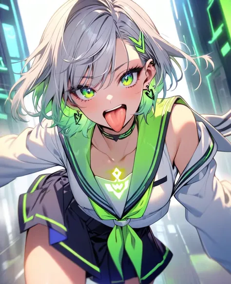 tongue，Gal，Earrings，green,Luminous tattoo,Silver Hair、Cyber Sailor Uniform