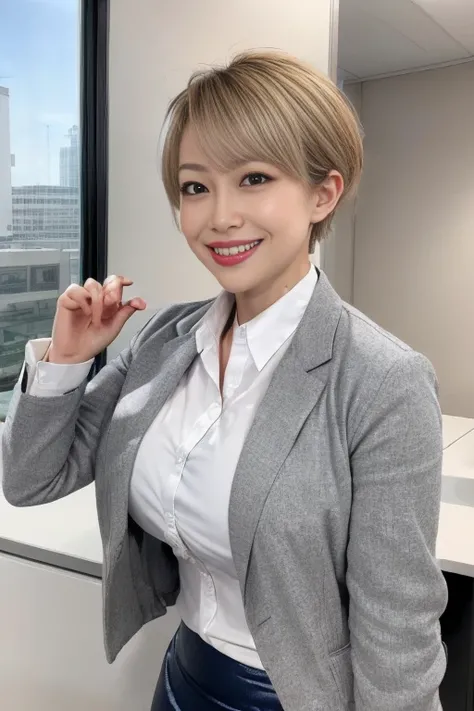 In 8K、Ultra-high resolution、Highest quality、Masseter region、Realistic、Ultra-high resolution、(Huge 、Quite large breasts、Toned body:1.3)(Always an office lady、Wet white shirt、must wear a gray tight skirt and jacket、Office in a high rise building:1.3)(Dark bl...