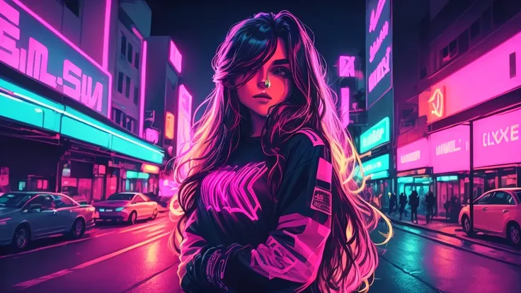 A woman with long hair and a shirt stands in front of a neon street, [ 4 k Synthwave art style ]!!, Synthwave art style ]!!, [ Synthwave art style ]!! ]!!, [ Synthwave art style ]!!, 4K Detailed Digital Art, Synthwave art style, (Synthwave)