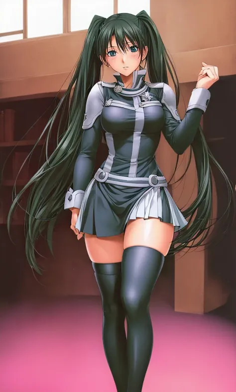 lenalee, with her long, beautiful legs and twin tails, is standing in the library wearing a miniskirt uniform and black knee soc...