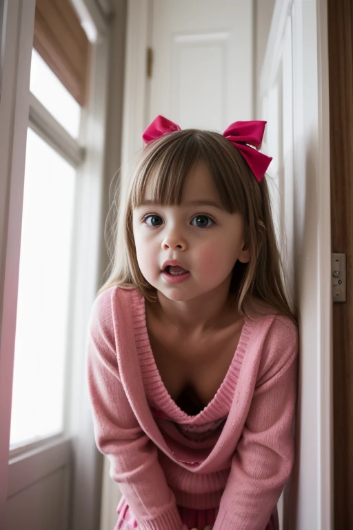 portrait of a shocked 6 year old preppie girl standing in a closet doorway.  pink sweater. bow in hair. blonde hair. close up. c...