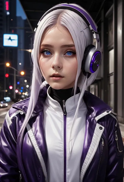 1 girl, by white, by the wide, tech clothing masterpiece, Best Quality, realist, Realism, dark purple jacket, portrait, detailed eyes, Using headphones, platinum hair, 21 year old girl, fashion pose, half body, wide shot, on the street, cyberpunk