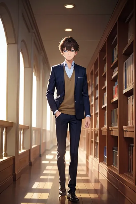  17 year old boy entering a library , japaneese , brown hair , blue eyes , wearing school                    uniform ,standing