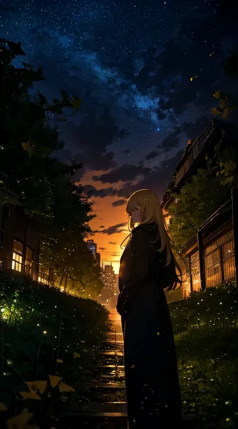 １people々,Blonde long hair，Long coat，silhouette， Rear View，Space Sky, milky way, Anime Style, In a row of ginkgo trees，Ginkgo leaves fluttering all around，Night view of the city from the mountainside，