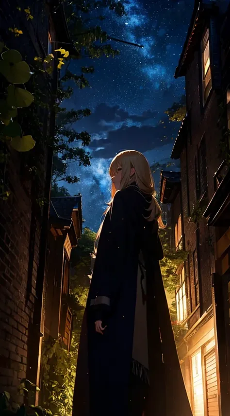 １people々,Blonde long hair，Long coat，silhouette， Rear View，Space Sky, milky way, Anime Style,night，In a row of ginkgo trees，Ginkgo leaves fluttering all around，山腹から見た街のnight景，