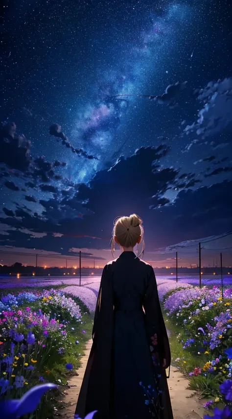 １people々々,Blonde ponytail woman，Long coat， Dress Silhouette， Rear View，Space Sky, Flower Field，Colorful flowers