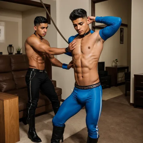 A handsome young Latino man, 19 years old, shirtless, military haircut, black hair, brown eyes, intense look, affiliated features, height 1.80, weight 50 kilos, aesthetic build, dressed in blue lycra pants, black riding boots, full body, bondage style, BDS...