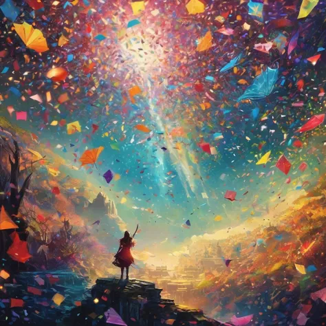 Bright confetti falling, A stunning kaleidoscope of colorful confetti, Dark fantasy world, Be enchanted by the dark and fantastical world, Confetti flying in the sky, Dark fantasy worldを背景に, 精巧なディテールと緻密な筆致がDark fantasy worldを生み出します, このワンダーランドのあらゆるwonderful...