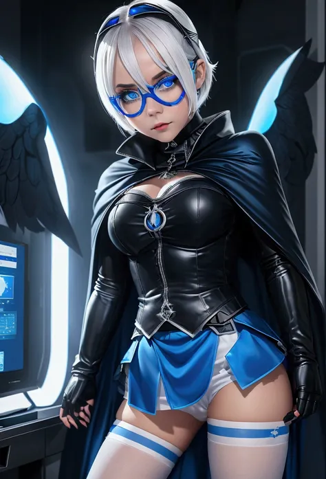 1 girl, lillaevil, For the blue, blue eyes, short hair, black cape, Skirt, white pantyhose, blue demon wings, blue tinted glasses, mini has,, inside, hiding place, many computer monitors, phantom thief hiding place,, , 