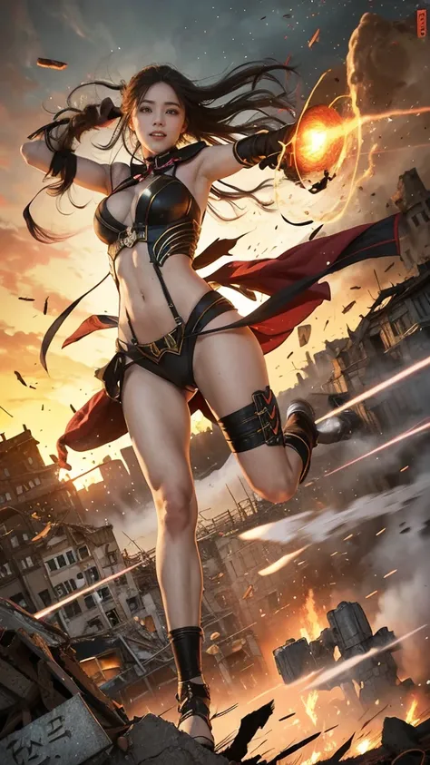 (Giantess element, high resolution, high quality, accurate body structure, detailed body), focus on girl,
BREAK,
Sexy, combat uniform, girl, looking up at approaching woman from below, cute, (girl destroying town with magic: 1.2), mischievous expression, w...