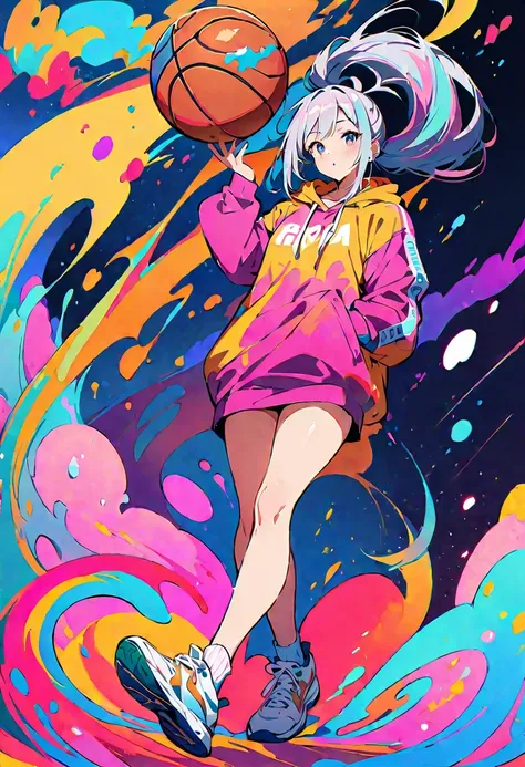 (masterpiece, Highest quality:1.2), （（Sexy and sporty woman））,1 person, A loose fitting jumper, short, Basketball Shoes, Ankle socks, whole body, colorful,Beautiful composition,Beautiful silhouette,Anatomically correct skeleton