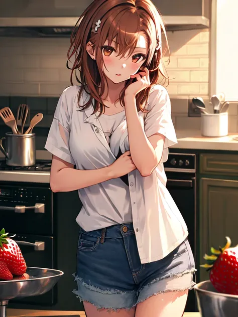  A Strawberry, Kitchen background, Misaka Mikoto, highest quality, 1girl, uhd, retina, masterpiece, ccurate, anatomically correct, textured skin, super detail, high details, high quality, best quality, highres, 4K