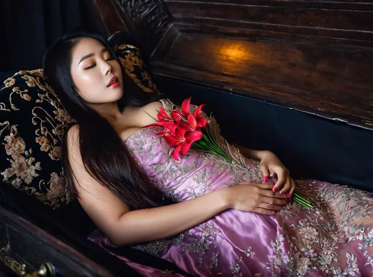 in a striking 8k hdr scene, a stunning korean woman, 22 years old, lies peacefully in a black coffin surrounded by plush pillows...