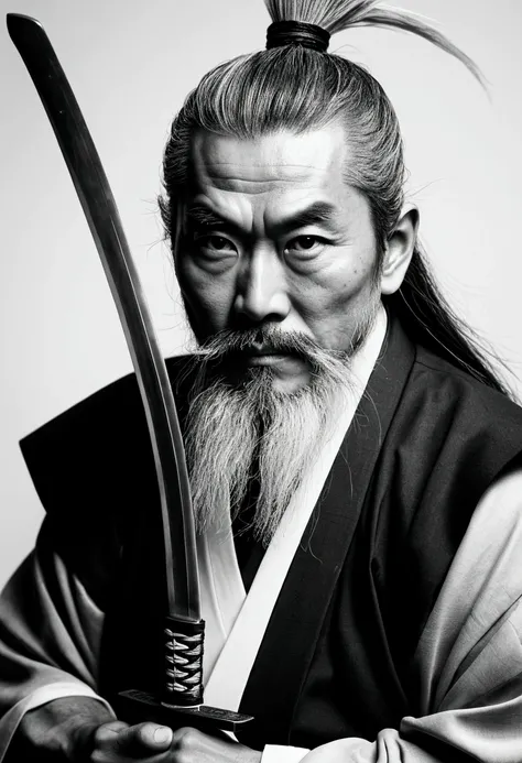 Black and white images,Gray Hair,White long beard,Alafed image of a man with a sword in his hand, samurai portrait, inspired by Kanō Sanraku, miyamoto musashi, ancient Japanese Samurai, samurai portrait, Japanese Samurai, Inspired by Wu Daozi, Samurai Styl...