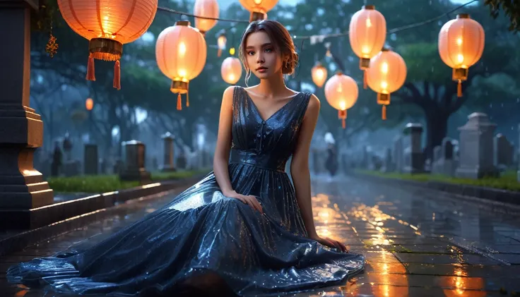 (Very detailed CG ユニティ 8k 壁紙), Beautiful young woman in the rain, dress, Sitting, Cemetery with lanterns, Style-Empire, (Style-Glass), (((Surrealism))), full_body_shot, dramatic, Backlight, light, Volumetric lighting, Detailed face, Very detailed, Painting