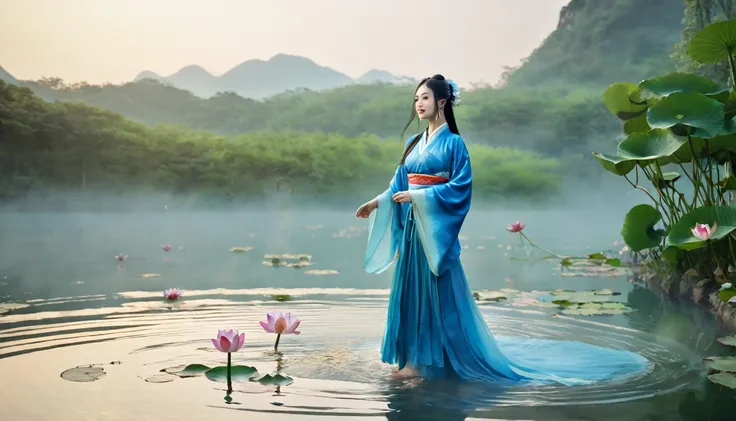 ((4K,masterpiece,Highest quality)), Shui Movissim, Chinese painting, Lotus, Hanfu, Maxi Kit, Dress Open, swf 1 girl, alone, Long Blue Hair, smile, Are standing, Soak your feet in water, barefoot,