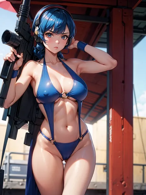 Imperial Guard Combat Uniform Swimsuit, o-ring bikini, V Gundam, Absurd, High resolution, alone, 、See-through slutty underwear, One girl, Nomad Nibble (Cosplay), Wristband, headphone, Possession of a gun, aim, Perfect hands, Wind, (High resolution,Highest_...