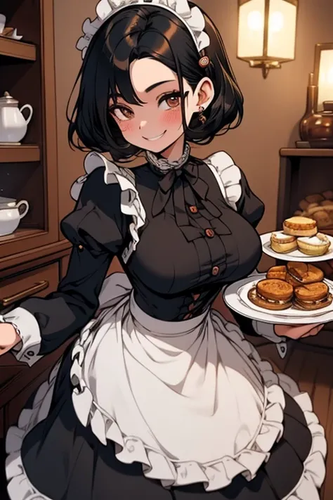 Perfect face. Perfect hands. A black haired woman with brown eyes and an hourglass figure in a Lolita maid outfit is preparing a tray of tea and treats with a big smile in the fancy kitchen