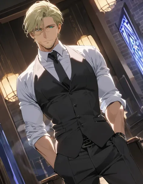 1man, veteran cia agent, handsome mature, business hair with asymmetry bangs, narrow stubble, green platina blond hair, emerald ...