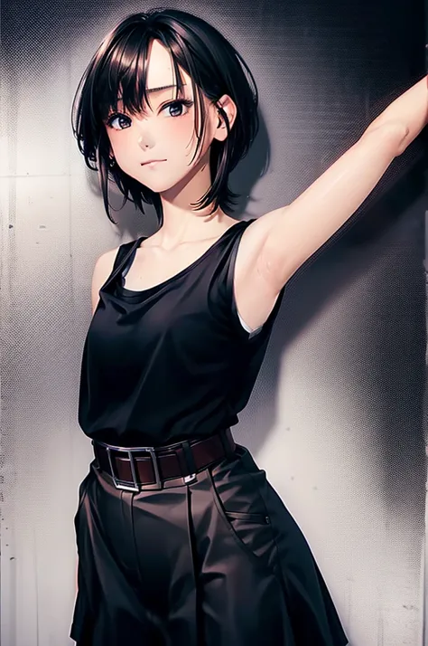 Black Skirt, Black tank top　suspenders, Brown short hair, Grey Eyes, 脚にガーターbelt, big, Tight clothing, 　　 belt　Armpit sweat　　Expressionless