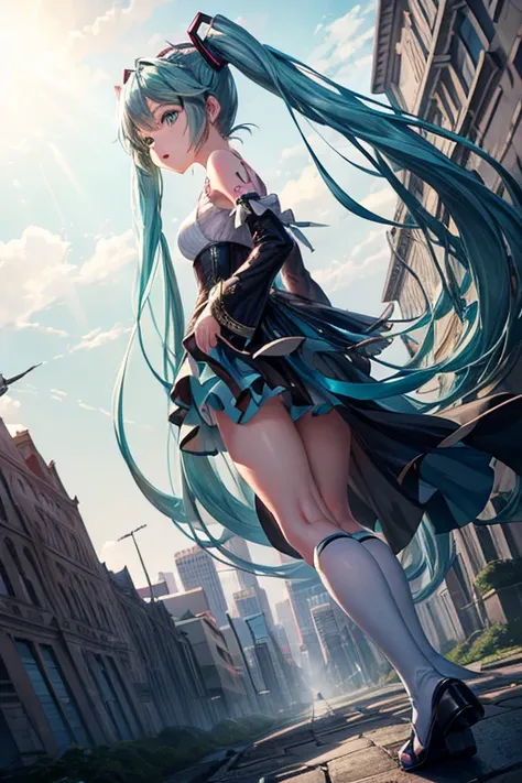 (masterpiece), Highest quality, Expressive eyes, Perfect Face, hatsune miku, Dominant, Queen, Glare, Pitiful look, GTS, Looming, Stepping, GTSCity, rampage, My feet are approaching, A shot looking up at approaching feet, Underfoot perspective, I&#39;m abou...