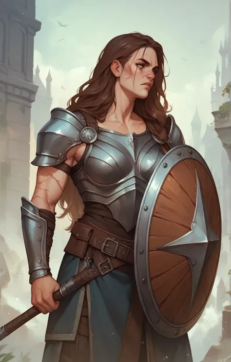 woman with shield, Brunetette, long  hair, scars