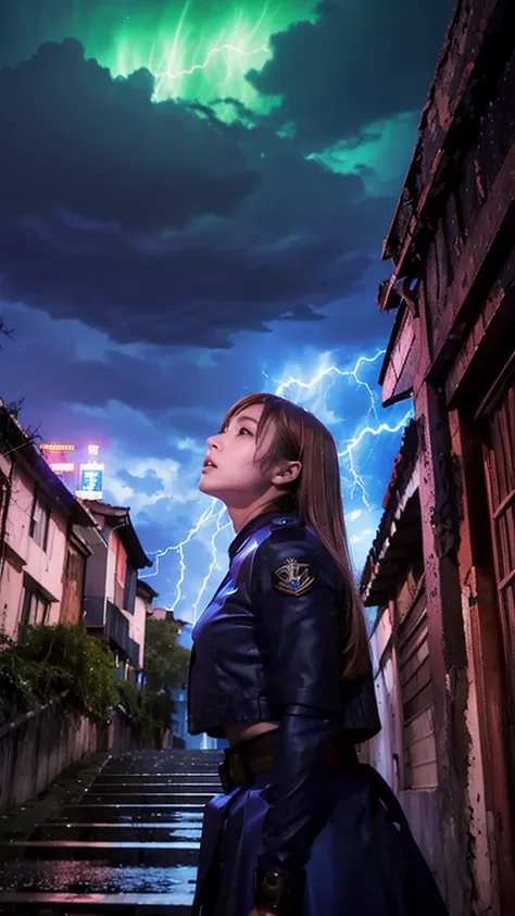 lightning-like aura、in an abandoned city、sexy、combat uniform、girl，looking up at the approaching woman from below、cute、(魔法で町を破壊する...