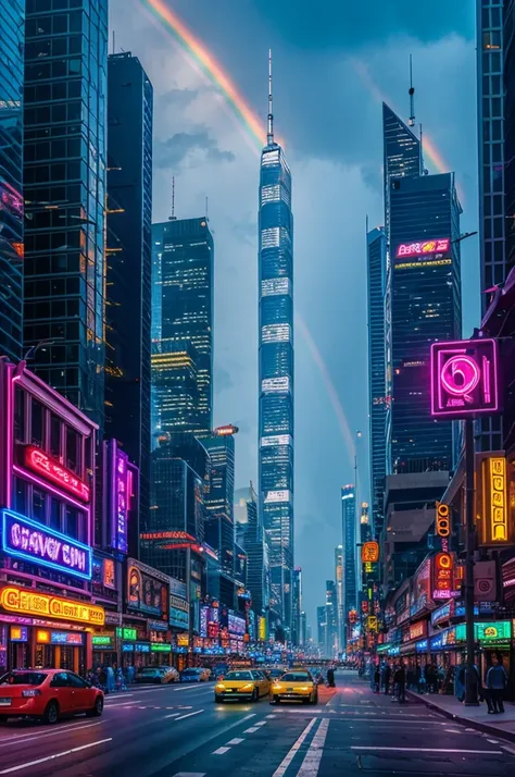 A bustling, vibrant cityscape with neon lights, towering skyscrapers, and a rainbow of people and vehicles.