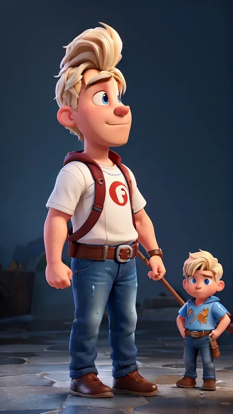  Pixar-style 3D, highly realistic, a young adult man who is large and absurdly strong. He has short blonde undercut hair and a blonde goatee, with blue eyes, facing the camera. One of his arms is behind his head, looking confused. He is perfect, handsome, ...