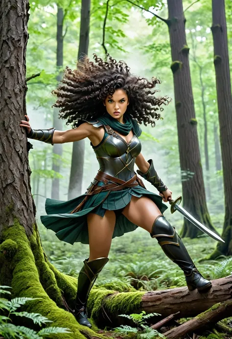 woman warrior, blackquality hair, curly hair, at the forest, hitting tree