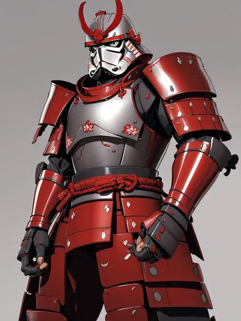 Japanese samurai wear masks ,Samurai, epic image, Era,Frontal photo，Extremely meticulous，full armour，frontal photos，relaxing,Red armor，Combat posture，((simple background)),gray background,，Standing posture，preparing to fight,stormtrooper, armor, helmet,