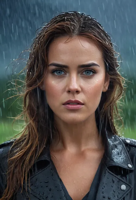 Picture, best quality, portrait photo of beautiful KristannaTX, serious look, looking at viewer, perfect face, perfect eyes, sharp focus, raining in the background, thunder, outside, dark clouds, downpour, movie poster, outdoors