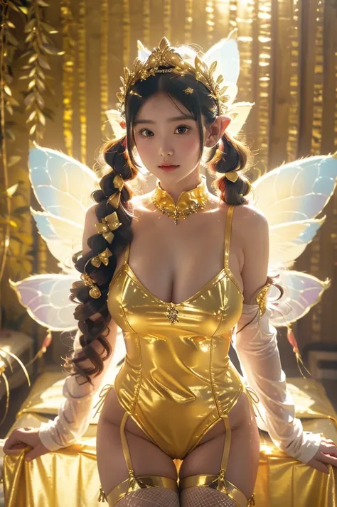 Japanese cute girl dressed as Kannon Bodhisattva, (wearing a golden leotard), ((wearing white fishnet stockings)), wearing a treasure crown on her head, Golden Transparent Fluttering Robes, ((In front of the luxurious golden wall)), (very young girl), 9 ye...