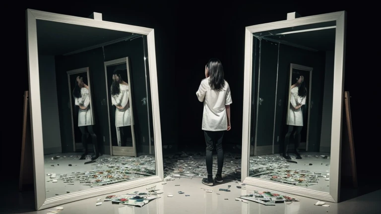 A person standing in front of a shattered mirror, their reflection showing a smaller, sadder version of themselves. The background is dark and the shattered pieces represent self-doubt and negative thoughts