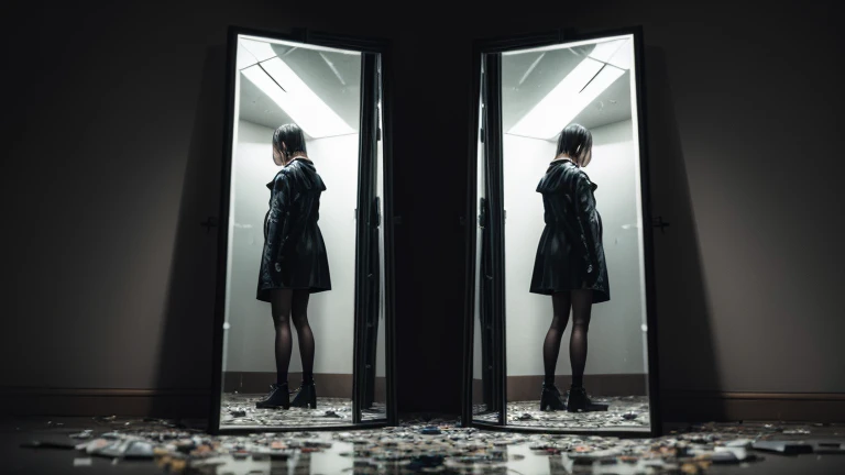 A person standing in front of a shattered mirror, their reflection showing a smaller, sadder version of themselves. The background is dark and the shattered pieces represent self-doubt and negative thoughts