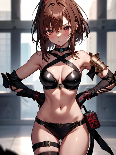 Dancer:1.5, Bikini Armor, The background is a dungeon, Misaka Mikoto, One girl, Black choker, 超High resolution, retina, masterpiece, Accurate, Anatomically correct, Textured skin, Super Detail, Attention to detail, high quality, 最high quality, High resolut...